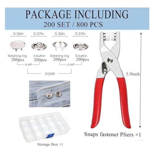 GTAAOY 9.5 mm Metal Snap Buttons with Snap Pliers, 200 Sets / 800 pcs - style: Silver Solid Prong Snaps-200sets