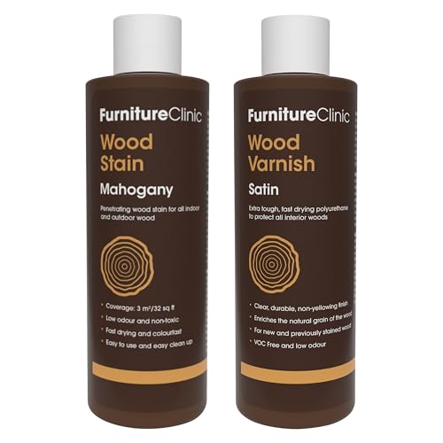 Furniture Clinic 8.5oz Mahogany Wood Stain + 250ml Satin Wood Varnish | Water Based | Fast Drying, Low Odor, & Non-Toxic | for Indoor & Outdoor Furniture and More