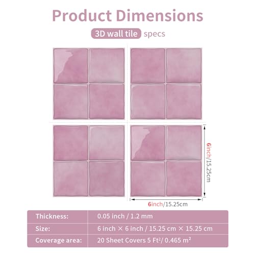 VICCI 20 Sheets Peel and Stick Wall Tile Stickers, 6" x 6" - color: Pink