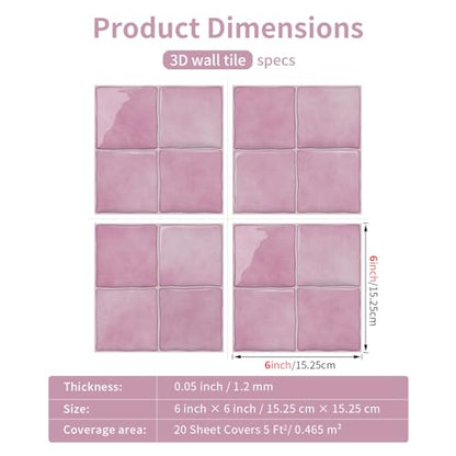 VICCI 20 Sheets Peel and Stick Wall Tile Stickers, 6" x 6" - color: Pink