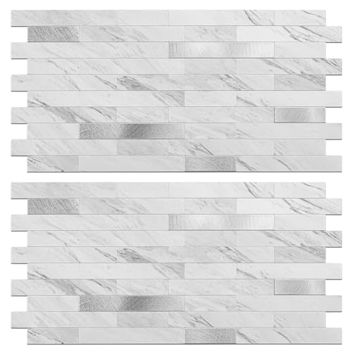 Peel and Stick Backsplash Tile Waterproof Removable PVC Wall Sticker 3D Faux Stone Marble Brick White Accent Panels (White Marble - Metal Silver, 40 Tiles - 18 sq. ft. (1.68 m²)) - color: White Marble - Metal Silver, size: 40 Tiles - 18 sq. ft. (1.68 m²)