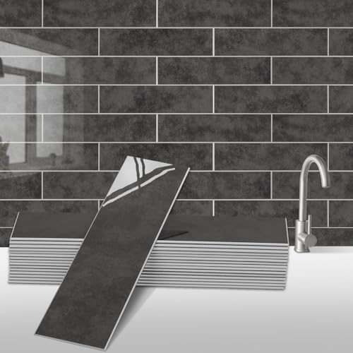 24-Pieces Peel and Stick Tiles for Kitchen Backsplash, New Upgrade Design 12" x 3"SPC Subway Backsplash Tiles, Marble Black Premium Finger Tiles (Dark Grey). - color: Drake Grey, size: 24-sheet