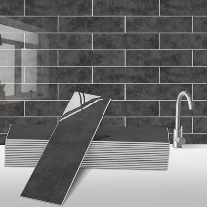 24-Pieces Peel and Stick Tiles for Kitchen Backsplash, New Upgrade Design 12" x 3"SPC Subway Backsplash Tiles, Marble Black Premium Finger Tiles (Dark Grey). - color: Drake Grey, size: 24-sheet