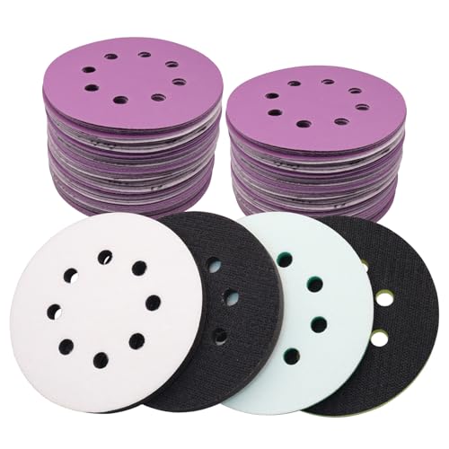 5 Inch 8 Hole Hook and Loop Interface Pads and Sanding Discs - color: 4PC Pads & 30PC Sanding Discs