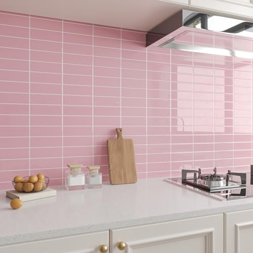 CHIHUT 6 Sheets Pink Glossy Peel and Stick Subway Backsplash Tiles 12"x12" - color: Solid Pink, size: 6 Tiles