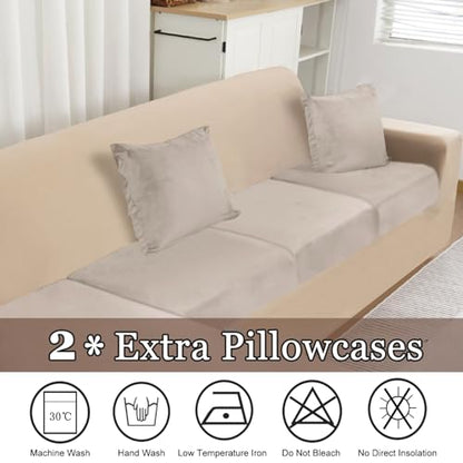 NAISI Sectional Couch Cover 3 Pieces Velvet Separate Couch Cushion Covers L Shape Soft Stretch Sofa Slipcovers with 2pcs Pillowcases for Left/Right Chaise Sectional Couch(2 Seater+1 Chaise,Taupe) - color: Taupe, size: 2 Seater + 1 Chaise