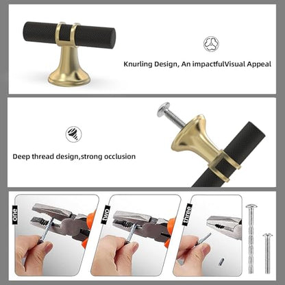 10 Pack Cabinet knurled Knobs Matte Black and Brushed Gold Kitchen Cabinet Knobs Aluminum and Zinc Alloy Drawer Pulls Solid Cabinet Hardware - color: Black and Brushed Gold Knurled, size: Knobs