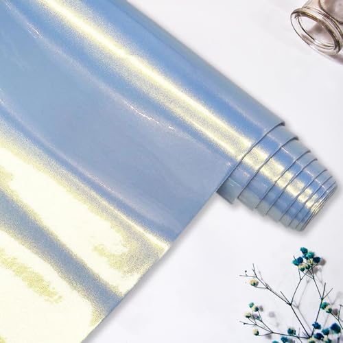 53 x 11.8 Inch 0.8mm Glossy NEON Vinyl Fabric Synthetic Leather Roll Mirrored Shiny Faux PU Leather Sheets Sky Blue Smooth Holographic Leatherette Fabric for Earring Bow DIY Project - color: Light Blue