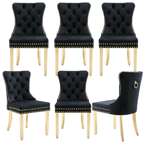 Black Velvet Dining Chairs Set of 6, Elegant Tufted & Nailhead, Gold Legs - color: Black, Golden Steel Leg, size: set of 6