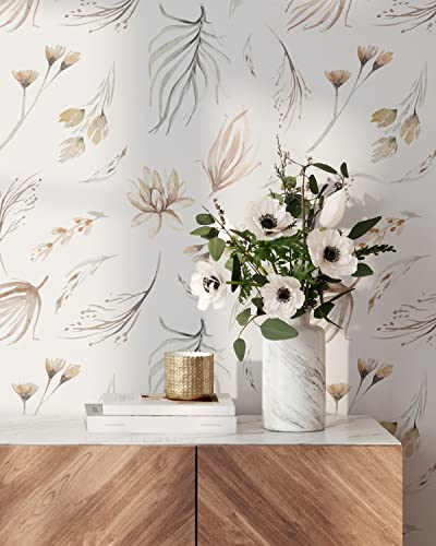Modern Botanical Wallpaper | Removable Self Adhesive Watercolor Wallpaper | Neutral Floral Peel and Stick (1 roll 24" W x 60" H) - size: 24" x 60"