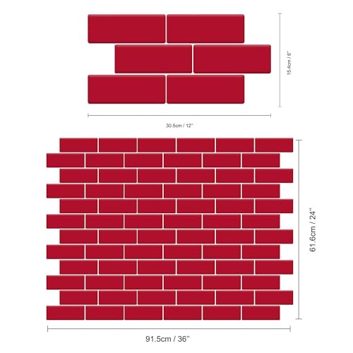 WALPLUS Premium 12 Sheets Peel and Stick Kitchen Backsplash Tile Stickers Self Adhesive Stick on Subway Tile 12" x 6" Bathroom Backsplash Water Heat Resistant 3D Wall Tiles Red Glossy - color: Red, size: 12" x 6"_12-SHEET