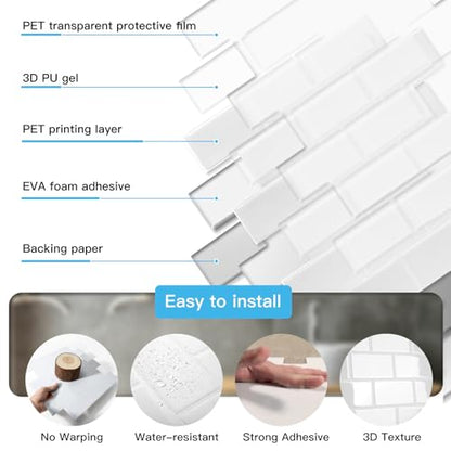 Art3d 10-Pack Subway Peel and Stick Backsplash, White Washed, 12 x 12 Inch - color: White Washed