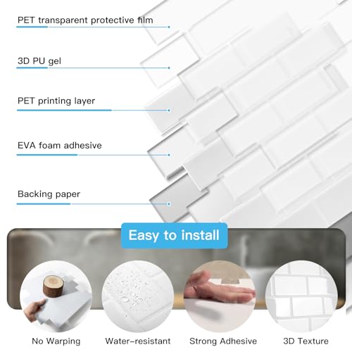 Art3d 10-Pack Subway Peel and Stick Backsplash, White Washed, 12 x 12 Inch - color: White Washed