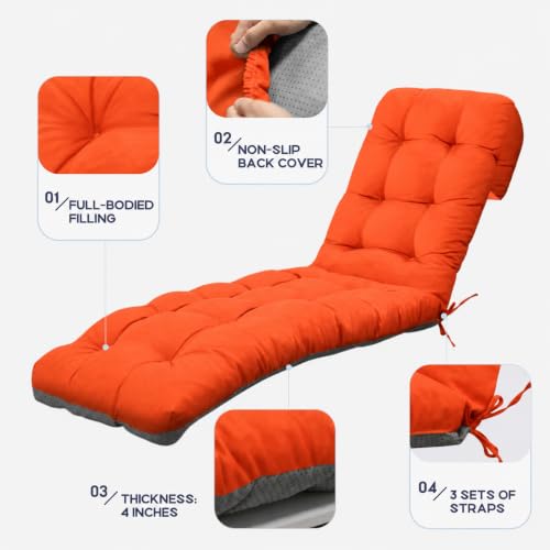 Chaise Lounge Cushions Outdoor Waterproof Lounge Chair Cushion for Outdoor Furniture Thickened Pool Lounge Cushion Replacement Non-Slip with Ties, 71 x 22 x 4.7 Inches, Orange #FX