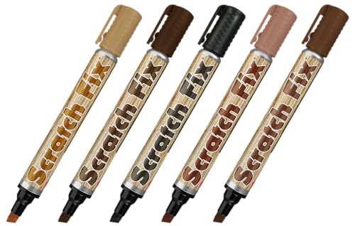 U-Mark Scratch Fix Wood Stain Pen 5mm Tip, Marks On Wood Furniture Cabinets Doors Floors Frames Molding, 5 Pack Assortment
