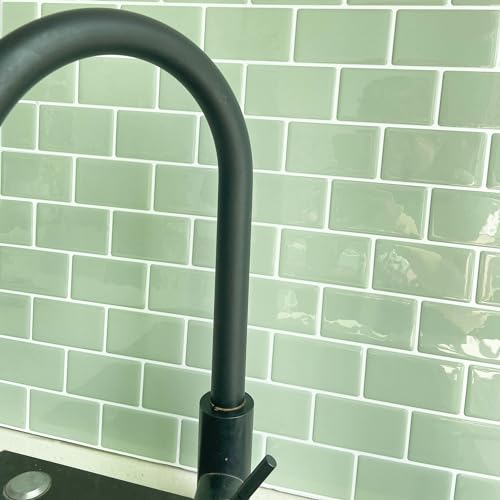 Alwayspon 10 Sheets 3D Peel and Stick PVC Backsplash Tiles, 12"x6" Self-Adhesive Wallpaper Wall Tile Stickers Stick on Subway Tiles for Kitchen Bathroom, Spearmint - color: Spearmint
