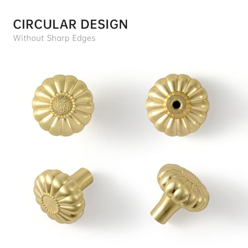 12 Pack Elegant Golden Floral Brushed Brass Cabinet Knobs, Bloom Drawer Pulls for Kitchen, Dresser Cabinet Hardware for Bedroom, 1-1/4 Inches Diameter Handles - color: Brushed Brass