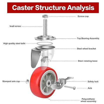 3 Inch Heavy Duty Stem Casters Swivel Wheels with Brake - 3/8" -16 x 1-1/2" (Stem Diameter 3/8", Stem Length 1-1/2"),Set of 4 with Locking Threaded Stem Caster Wheels - Load 600lbs - color: Bright red