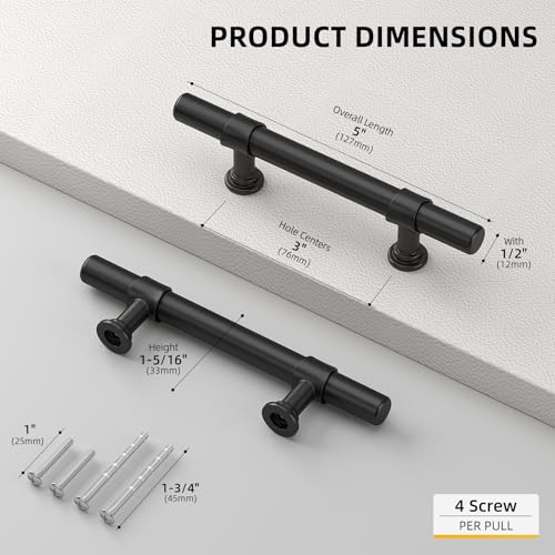 Goldenwarm 5 Pack Black Cabinet Handles, 3 Inch T Bar Handles - color: Black, size: 3 in Hole Center (76mm)