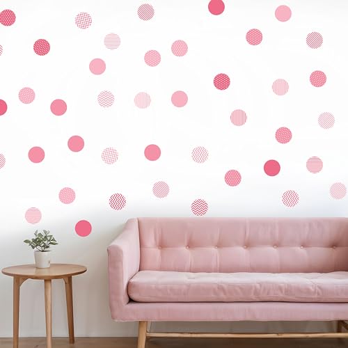 Boho Polka Dot Wall Sticker, 48 Removable and Repositionable Pattern Decals - Premium Fabric Material, Polka Dots, Stripes, Chevrons and Solid in 3 Shades of a Color (Pink) - color: Pink
