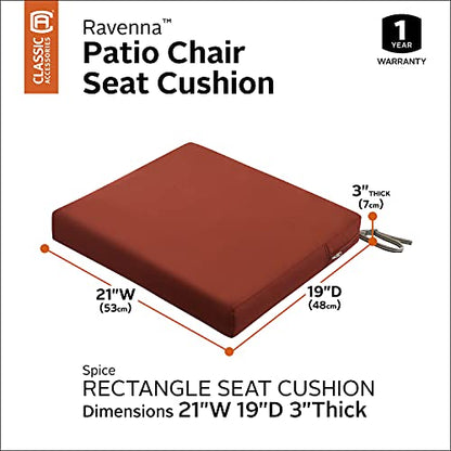 Classic Accessories Ravenna Water-Resistant 21 x 19 x 3 Inch Patio Seat Cushion, Spice, Chair Seat Cushion - color: Spice, size: 21"W x 19"D x 3"Thick