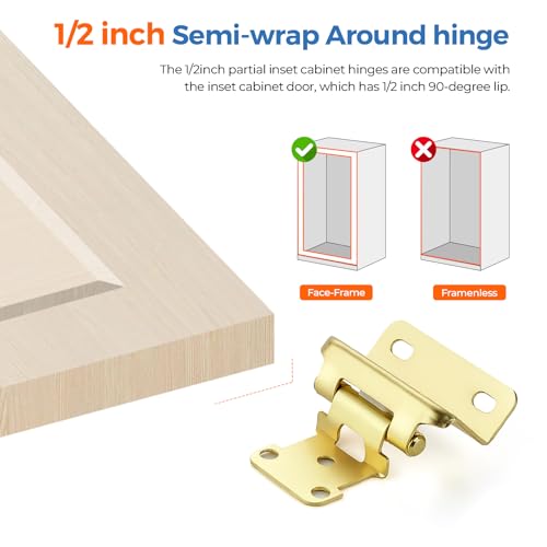 Gold Self-Close Cabinet Hinges, Semi Wrap 1/2 Inch Overlay,20 Pack 10 Pairs - size: Semi Wrap 1/2 inch Overlay