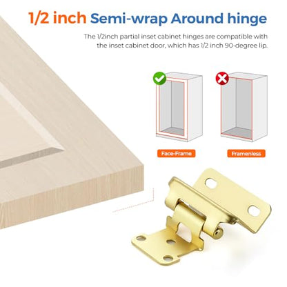Gold Self-Close Cabinet Hinges, Semi Wrap 1/2 Inch Overlay,20 Pack 10 Pairs - size: Semi Wrap 1/2 inch Overlay