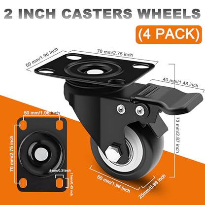 2 Inch Caster Wheel Set of 4,with Dual Brake,Swivel,Full Rotation - color: black, size: 2 inches