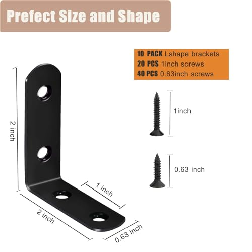 10PCS L Brackets, 2 inch Black Metal Angle Corner Braces with Screws for Wood - style: 2inch L Shape Black 10pcs