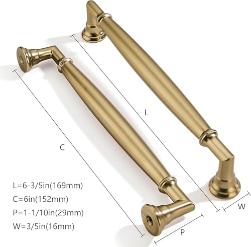 2 Pack 6 Inch Hole Center Brushed Brass Cabinet pulls Solid Satin Brass Heavy Duty Cabinet Pull Cabinet Handles Kitchen Cabinet Hardware Vanity Handles Bathroom Cabinet pulls - color: Brushed Brass, size: 6 Inch(152mm)hole center
