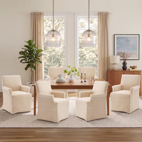 Arm Dining Chair Fabric Long Skirt Slipcovered High Back Upholstered Dinner - color: Beige, size: 1 PC