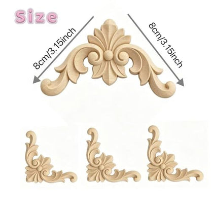 4 Pack Corner Wood Carved Appliques, 3.15"x3.15" Unfinished Wooden Flower Onlays Decals for Cabinet Wardrobe Mirror Photo Frame TV Stand Upgrade