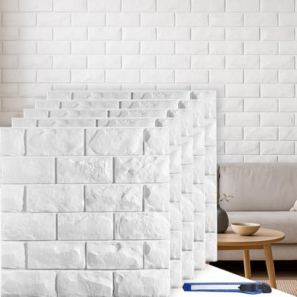 30 Pcs 3D Wall Panels, White Brick Printable 3D Wallpaper Stick and Peel, Self Adhesive Waterproof Foam Faux Brick Paneling for Bedroom, Bathroom, Kitchen, Fireplace (29.06 sq feet Coverage) - color: White
