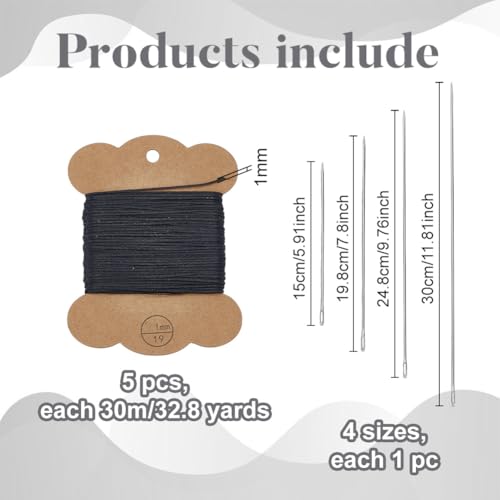 ORIGACH Upholstery Repair Sewing Kit - 15/20/25/30cm 4 Pcs Tufting Needles with 150m Black Waxed Thread - Heavy Duty Leather Needles Kit for Hand Stitching, Canvas & Quilting