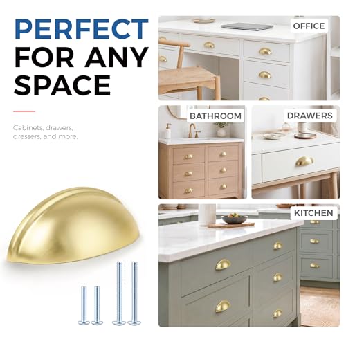 HOMOTEK 12 Pack 3 Inch Hole Centers Brushed Brass Drawer Bin Cup Pulls Dresser Pulls for Cabinets, Furniture Handles, Kitchen Cabinet Hardware - color: Brushed Brass, size: 12 Pack