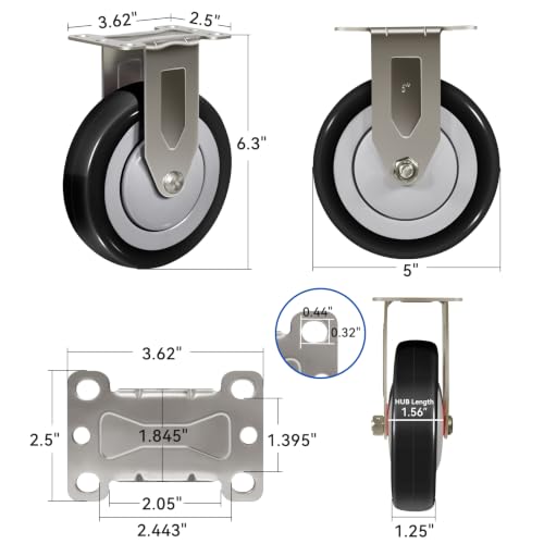 5" Stainless Steel Casters Set of 4 Heavy Duty, Swivel Industrial Caster Wheels, Anti-Corrosion Rust-Proof Plate Polyurethane Casters for Hospitals Food Labs (2 Swivel& 2 Rigid) - style: 2 Swivel&2 Rigid