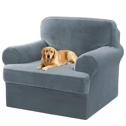 2 Pieces T Cushion Chair Covers with Arms Thick Velvet Couch Cover Stretch T Cushion Sofa Covers for Living Room Chair Cover with Individual T Cushion Covers , Washable (1 Cushion Chair, Stone Blue) - color: Stone Blue, size: Armchair (1 Cushion)
