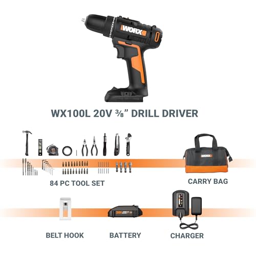 WORX Cordless Drill Driver, 20V 3/8-Inch 84-Piece Kit, WX100L.2 - style: 3/8" Cordless Drill & Driver (Battery & Charger & 84pc Accessory Kit Included)