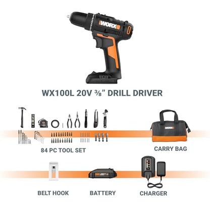 WORX Cordless Drill Driver, 20V 3/8-Inch 84-Piece Kit, WX100L.2 - style: 3/8" Cordless Drill & Driver (Battery & Charger & 84pc Accessory Kit Included)