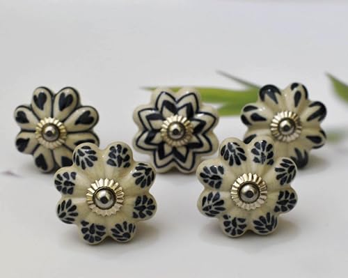 Ceramic Knobs: Cabinet & Furniture Knobs, Black & White, 6 x 3.8 cm, Set of 10, Glossy Finish, Hand-Painted, Traditional Style - color: cute_f, size: 6 x 3.8 cm (Set of 10)