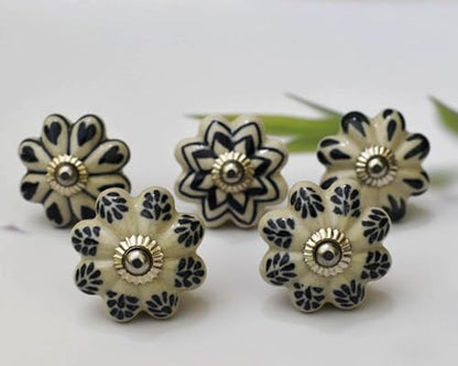 Ceramic Knobs: Cabinet & Furniture Knobs, Black & White, 6 x 3.8 cm, Set of 10, Glossy Finish, Hand-Painted, Traditional Style - color: cute_f, size: 6 x 3.8 cm (Set of 10)
