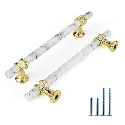 Rergy 10 Pack Cabinet Handles, White Marble & Polished Gold Pulls, 5" - color: White Marble & Gold, size: 5 inch (128mm) Hole Center