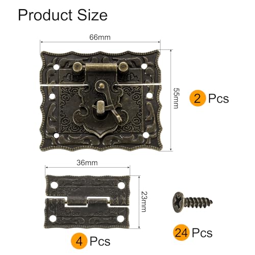 uxcell 2pcs Retro Bronze Alloy Latch Locks and 4pcs Engraved Hinges, 66 x 55mm Latch Buckle and Pattern Hinge with 24pcs Screws for Decorative Cabinet Small Wooden Box - size: 66 x 55mm