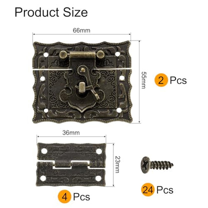 uxcell 2pcs Retro Bronze Alloy Latch Locks and 4pcs Engraved Hinges, 66 x 55mm Latch Buckle and Pattern Hinge with 24pcs Screws for Decorative Cabinet Small Wooden Box - size: 66 x 55mm