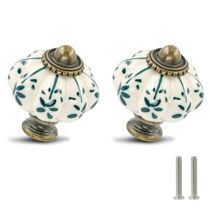 12pcs Ceramic Pumpkin Knobs - Green Flower - style: Green Flower