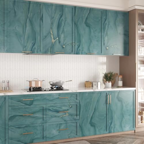 Wallercity Matte Teal Marble Peel and Stick Countertop Contact Paper - color: Matte Blue/Green, size: 24" x 315"