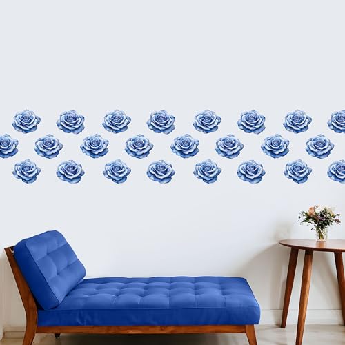 Watercolor Roses Wall Decals, 24 Large Easy Peel & Stick Roses Stickers, Premium Removable and Repositionable Floral Wall Art Fabric Stickers (Blue) - color: Blue