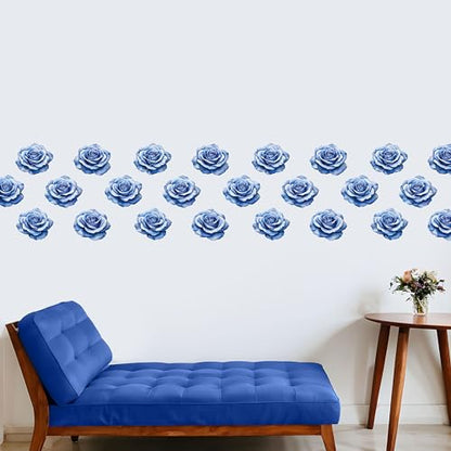 Watercolor Roses Wall Decals, 24 Large Easy Peel & Stick Roses Stickers, Premium Removable and Repositionable Floral Wall Art Fabric Stickers (Blue) - color: Blue