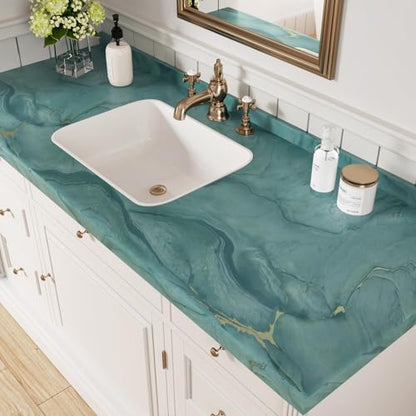 Wallercity Matte Teal Marble Peel and Stick Countertop Contact Paper - color: Matte Blue/Green, size: 24" x 315"