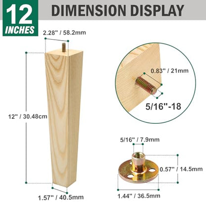 FoDau770 Square Furniture Legs 12 Inch, Ash Wood Legs with 5/16"-18 Bolts - size: 12 Inch